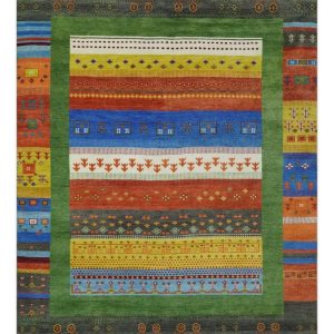Tribal Gabbeh Green. Rust. Blue and Gold Hand knotted Antique Style Traditional Wool Area Rug