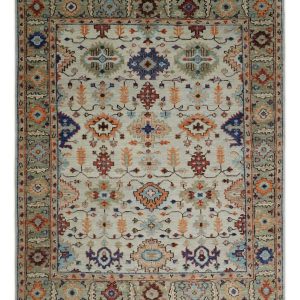 Turkish Knot Ivory and Green Colorful Traditional Multi Size Hand knotted Oushak Rug