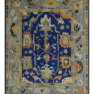 Vibrant Colorful Blue. Silver and Mustard Hand knotted Traditional Oushak Multi Size wool Area Rug