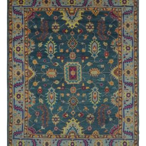 Vibrant Colorful Green. Silver. Mustard and Orange Hand Knotted Oriental Oushak Multi Size wool Area Rug