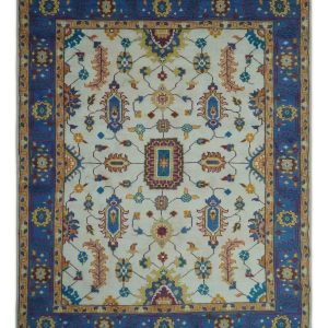 Vibrant Colorful Ivory. Blue. Beige and Peach Hand Knotted Traditional Floral Oriental Oushak Multi Size wool Area Rug