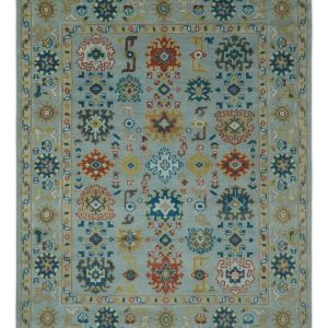 Vibrant Colorful Light Blue. Mustard. Brown and Blue Hand Knotted Traditional Oushak Multi Size wool Area Rug