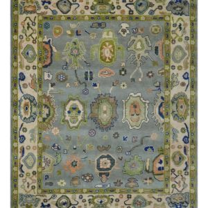 Vibrant Colorful Silver. Green and Light Peach Hand knotted Oushak wool Area Rug