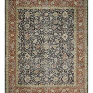 Hand Knotted Traditional Black. Rust and Beige Textured Low Pile Distressed Wool Rug