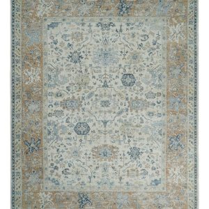 Vintage Style Ivory and Rust Traditional Oxidized Textured Low Pile Multi Size Wool Rug
