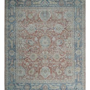 Vintage Hand Knotted 8x10 Rust and Blue Traditional Oxidized Textured Persian Low Pile Wool Rug | TRD2601